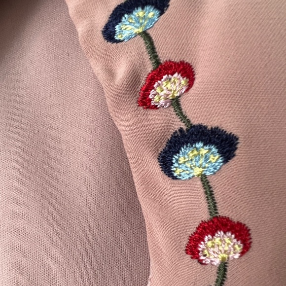 STAUD Astrid Pink Top with Embroidered Details and Brown Fur Trim - Picture 5 of 5